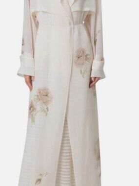 Akris Women Ivory Haider Floral-Print Silk Crepe Trench Coat Size 8